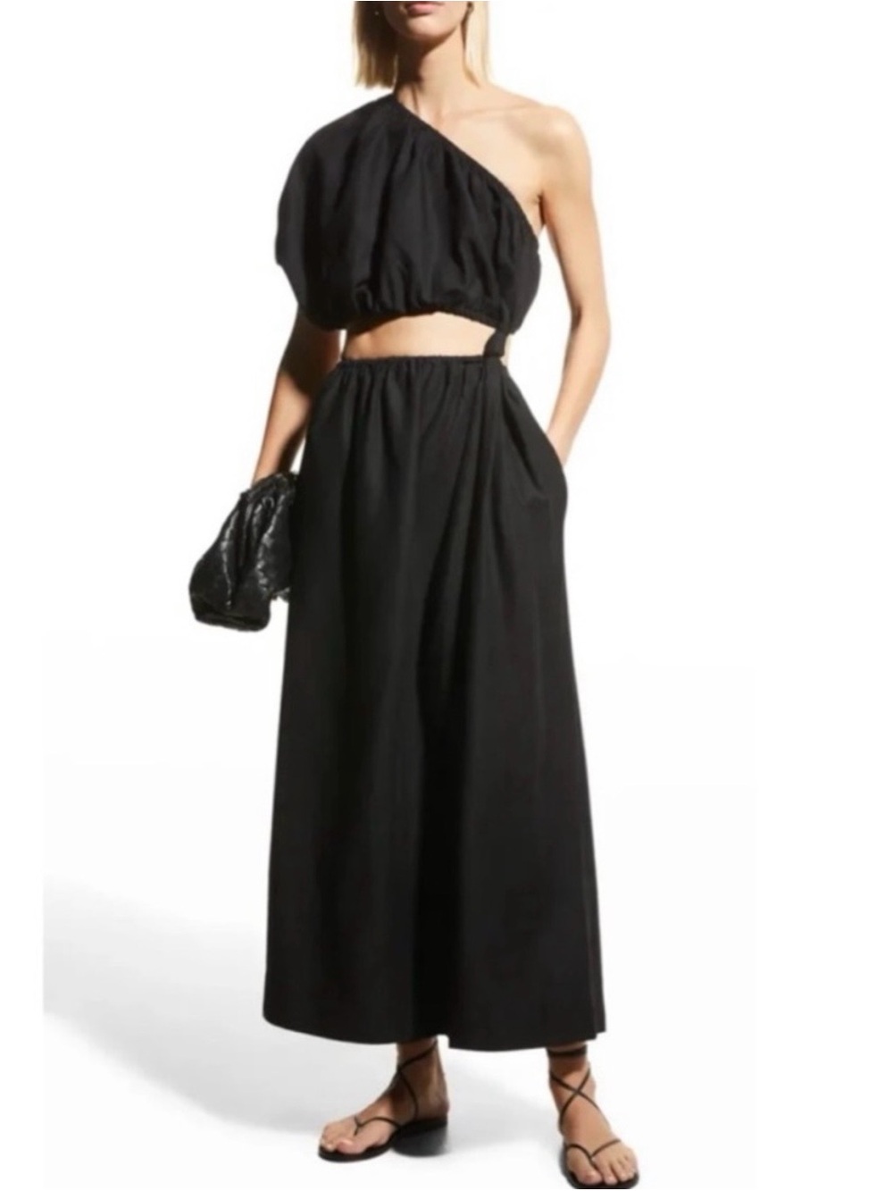 FARM Rio Black One-Shoulder Cutout Midi Dress